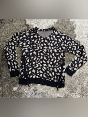 Leopard Print Crewneck Sweater with Side Zips - Black, taupe & glitter beige
